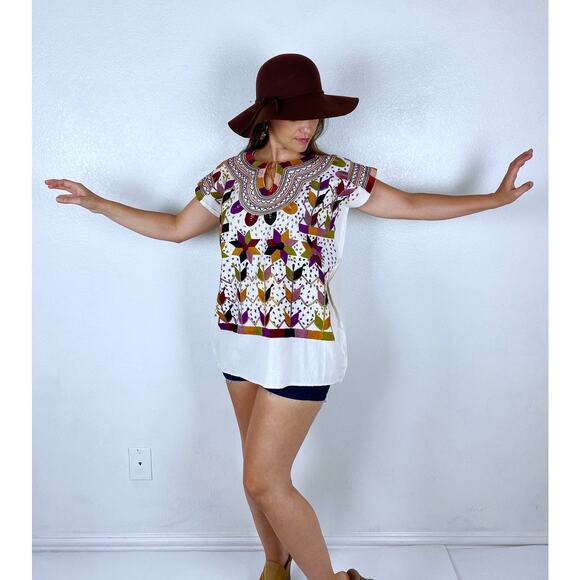 vintage 70s Cream EMBROIDERED STAR Mexican TOP os earth tone boho hippie Oaxacan - Picture 2 of 10